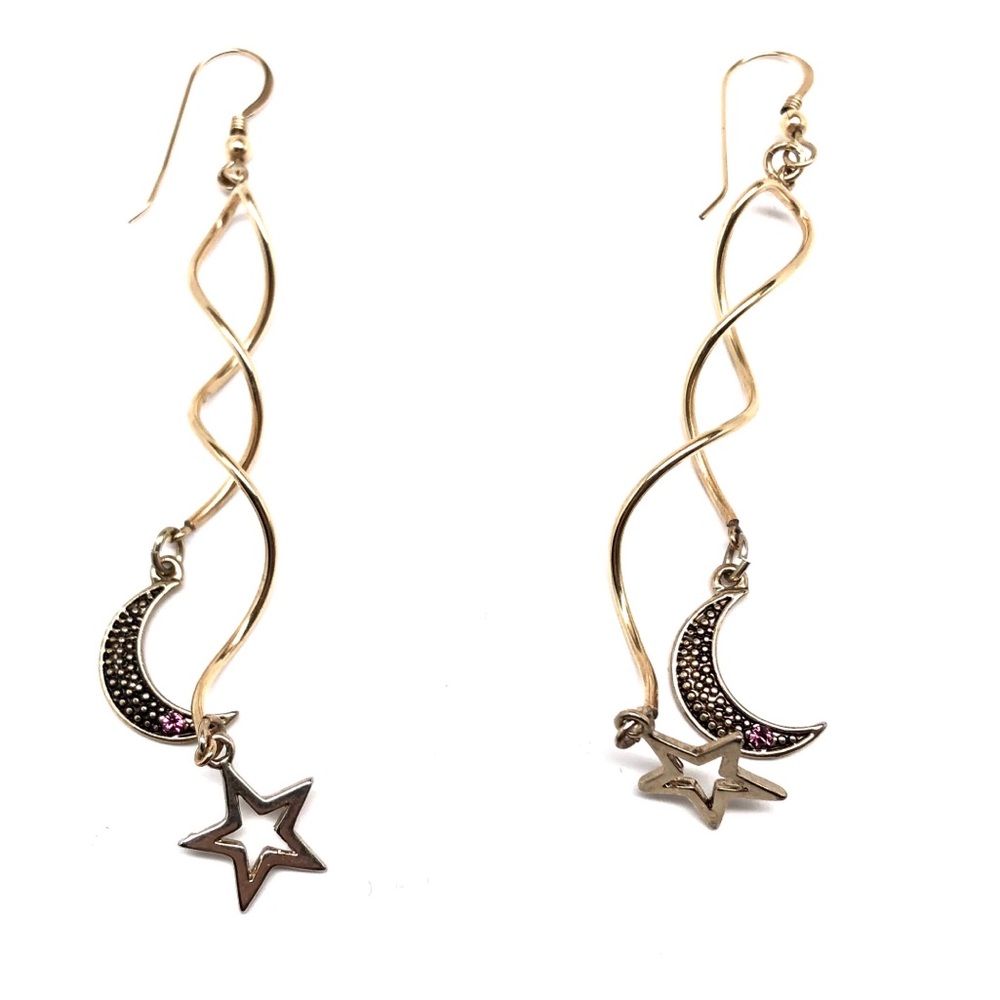 14k Gold Filled Swirl Long Moon & Stars Earrings